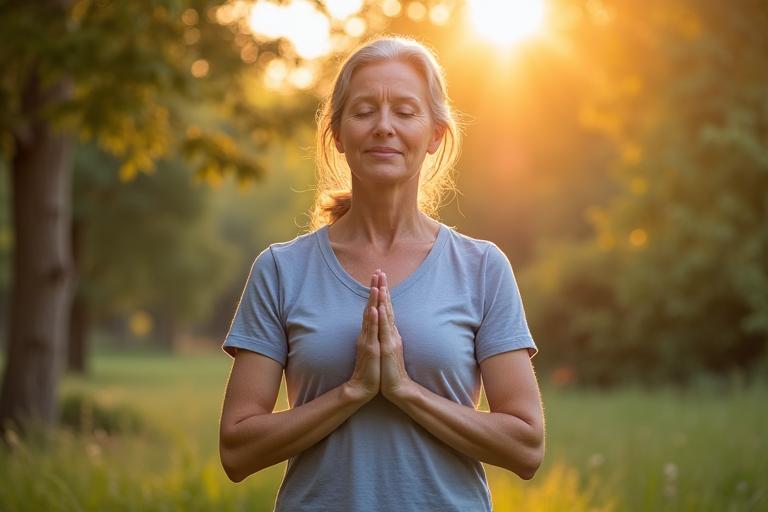 A person practicing gentle yoga outdoors, embodying holistic wellness