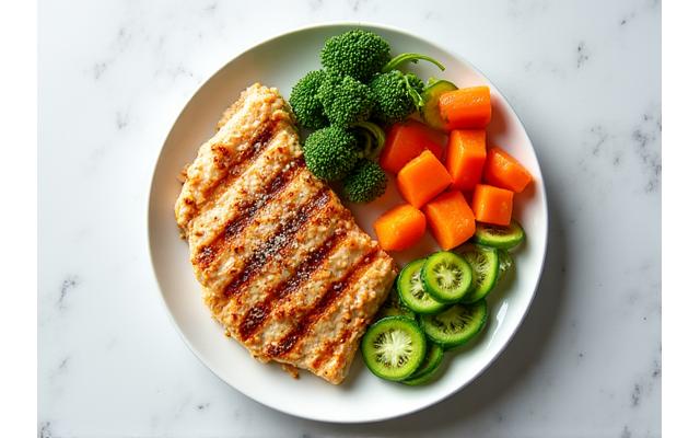 Healthy plate of food with vegetables, protein, and complex carbohydrates