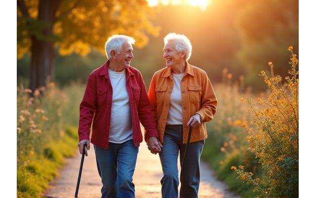 Senior couple smiling and walking in a park, enjoying an active lifestyle