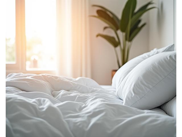 Peaceful bedroom setting, morning light