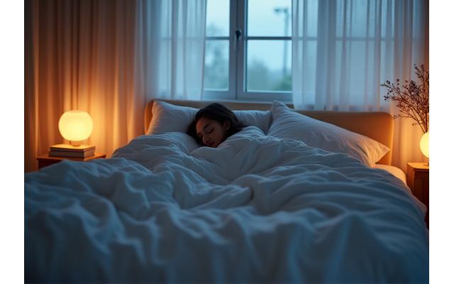 Bedroom scene with soft lighting and a person sleeping peacefully