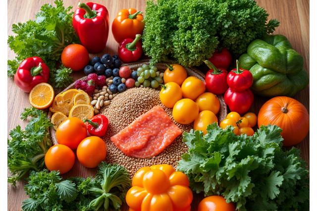A colorful, balanced meal prepared on a kitchen counter